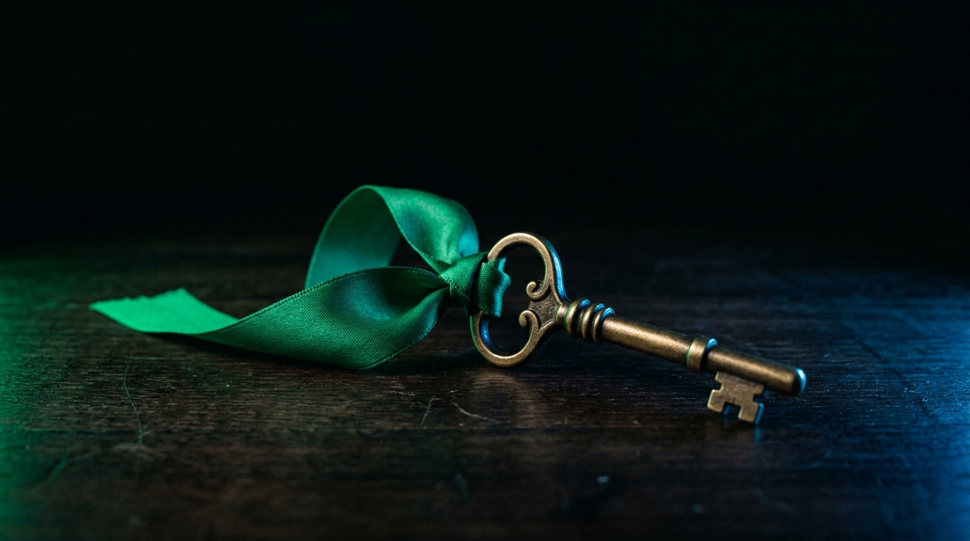 A key with an emerald-green ribbon on a dark wooden surface, symbolizing a fresh start