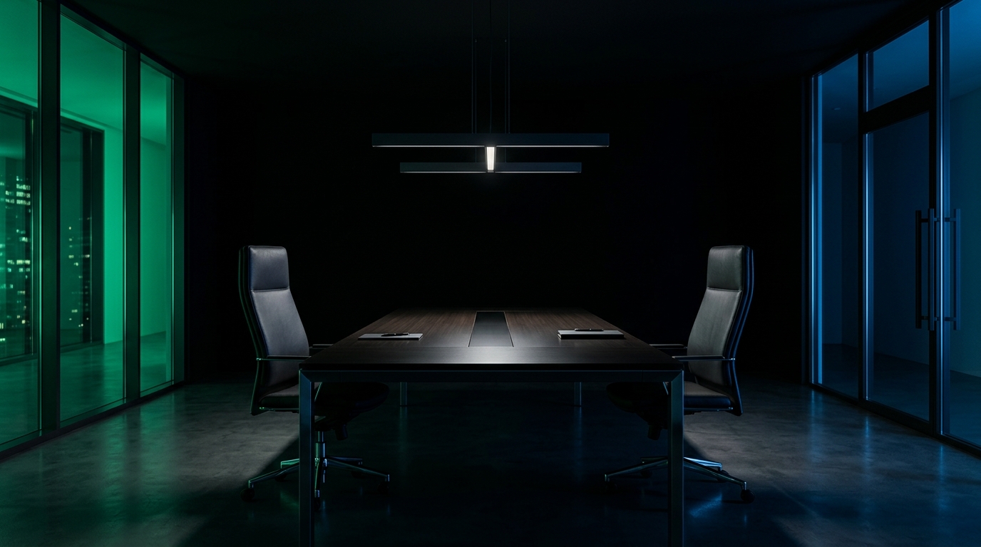 Long dark conference table with two chairs facing each other under architectural lighting