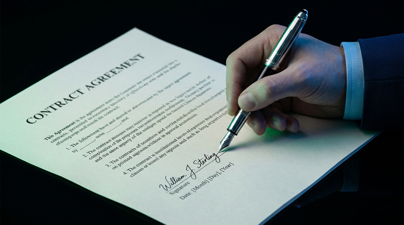 A silver-tipped fountain pen poised over a partially-signed contract