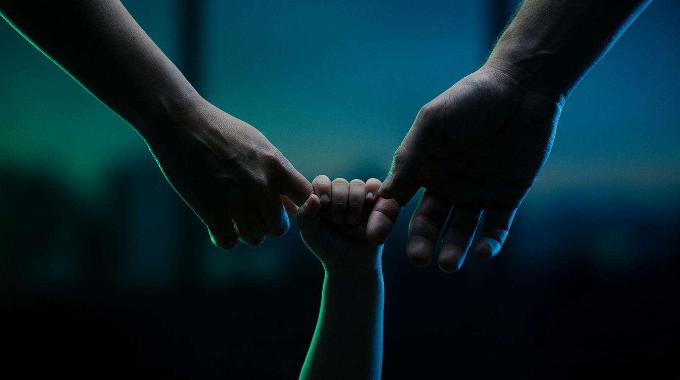 Silhouette of a child's hand connecting two adults' hands