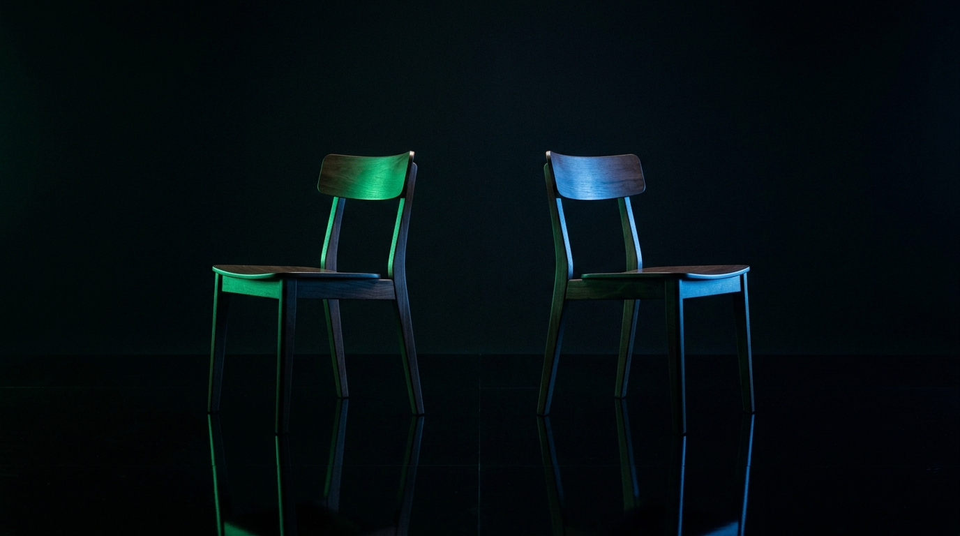 Two simple wooden chairs facing slightly away from each other on a dark reflective surface