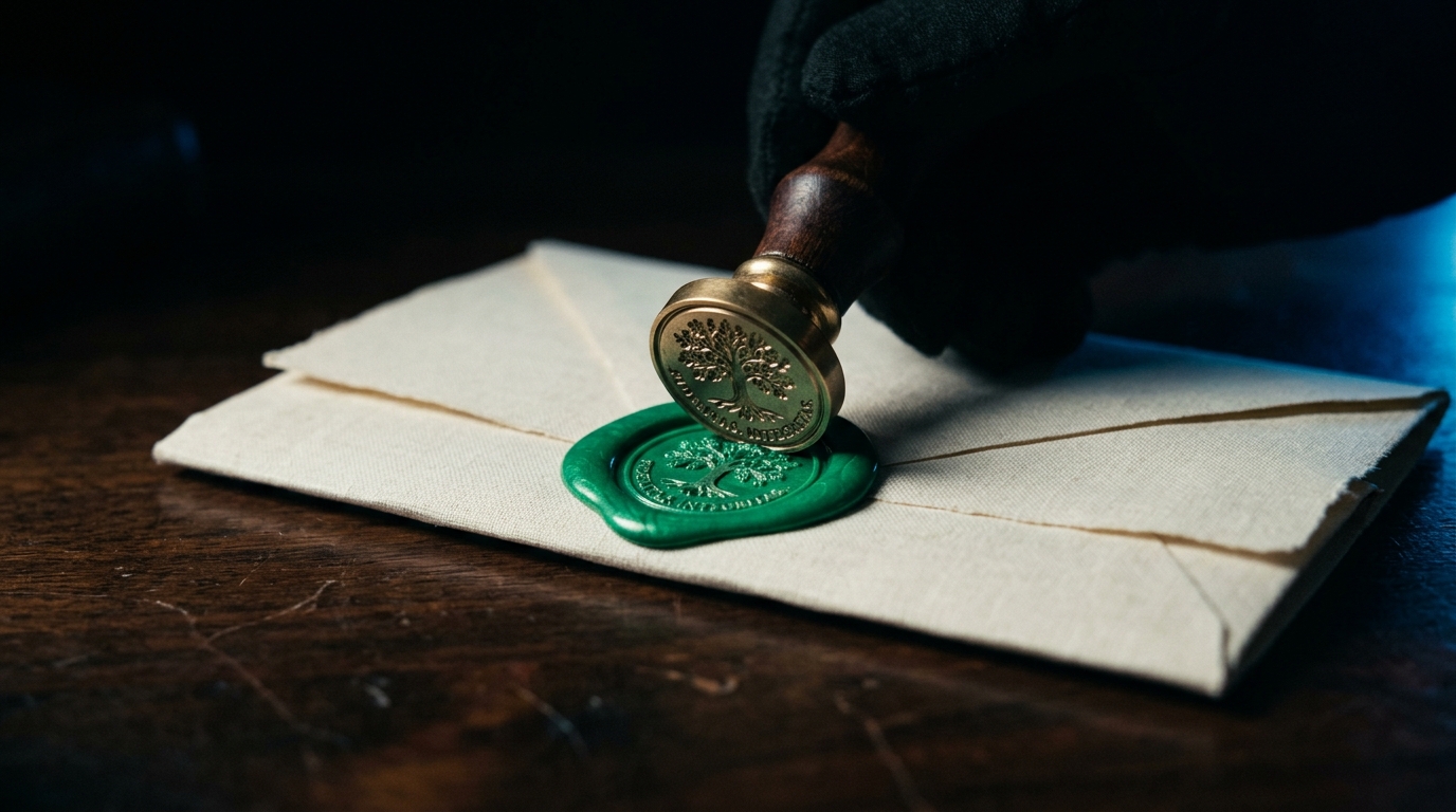 Wax-sealed legal document on a dark walnut desk