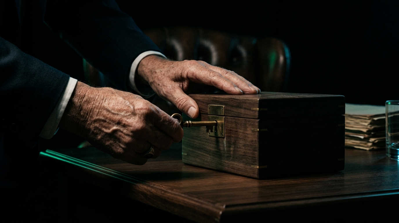 Hands carefully placing a key into a wooden box, symbolizing legacy