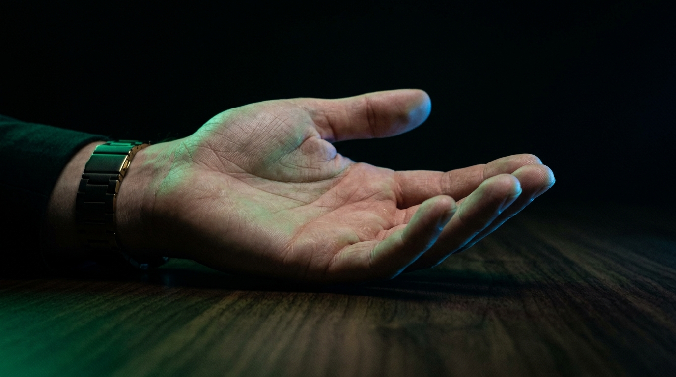 An open dignified hand on a dark walnut surface, symbolizing protection offered freely