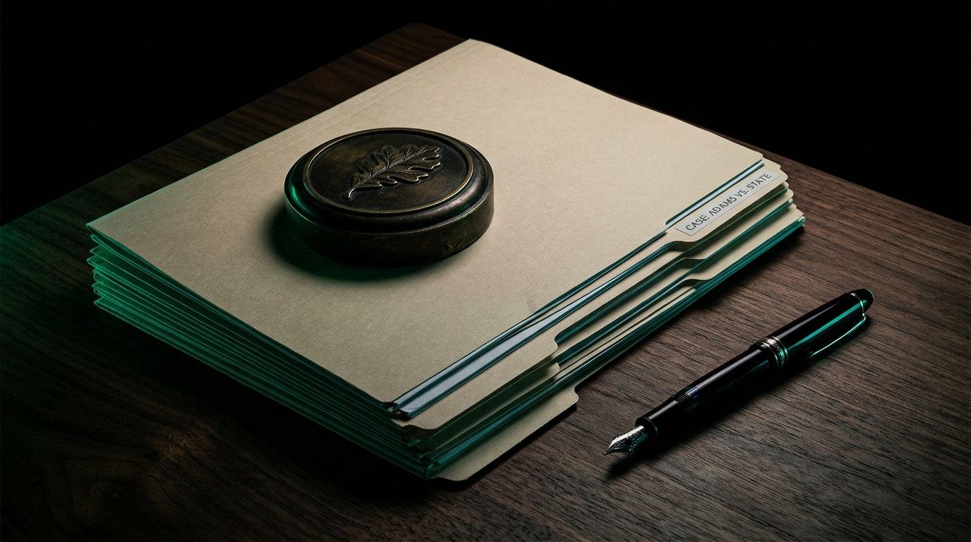 Tidy stack of organized file folders on a dark walnut desk