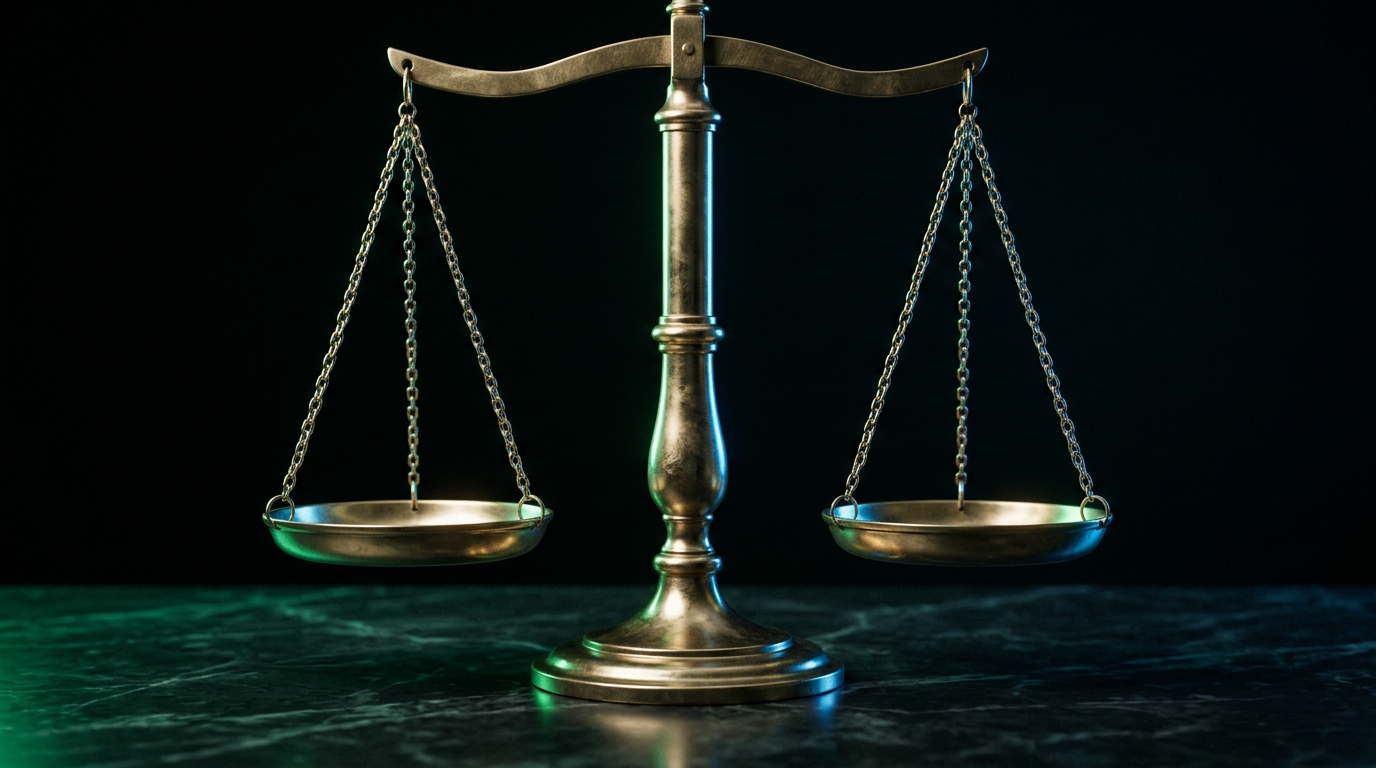 A polished brass set of scales of justice on a dark marble surface