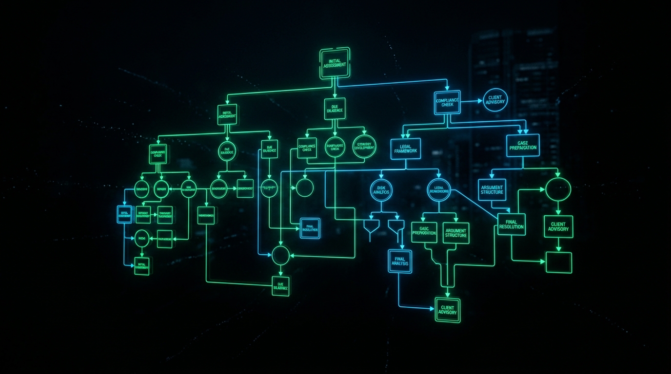 Glowing emerald-green and electric-blue holographic flowchart of nodes connected by lines floating in deep black space
