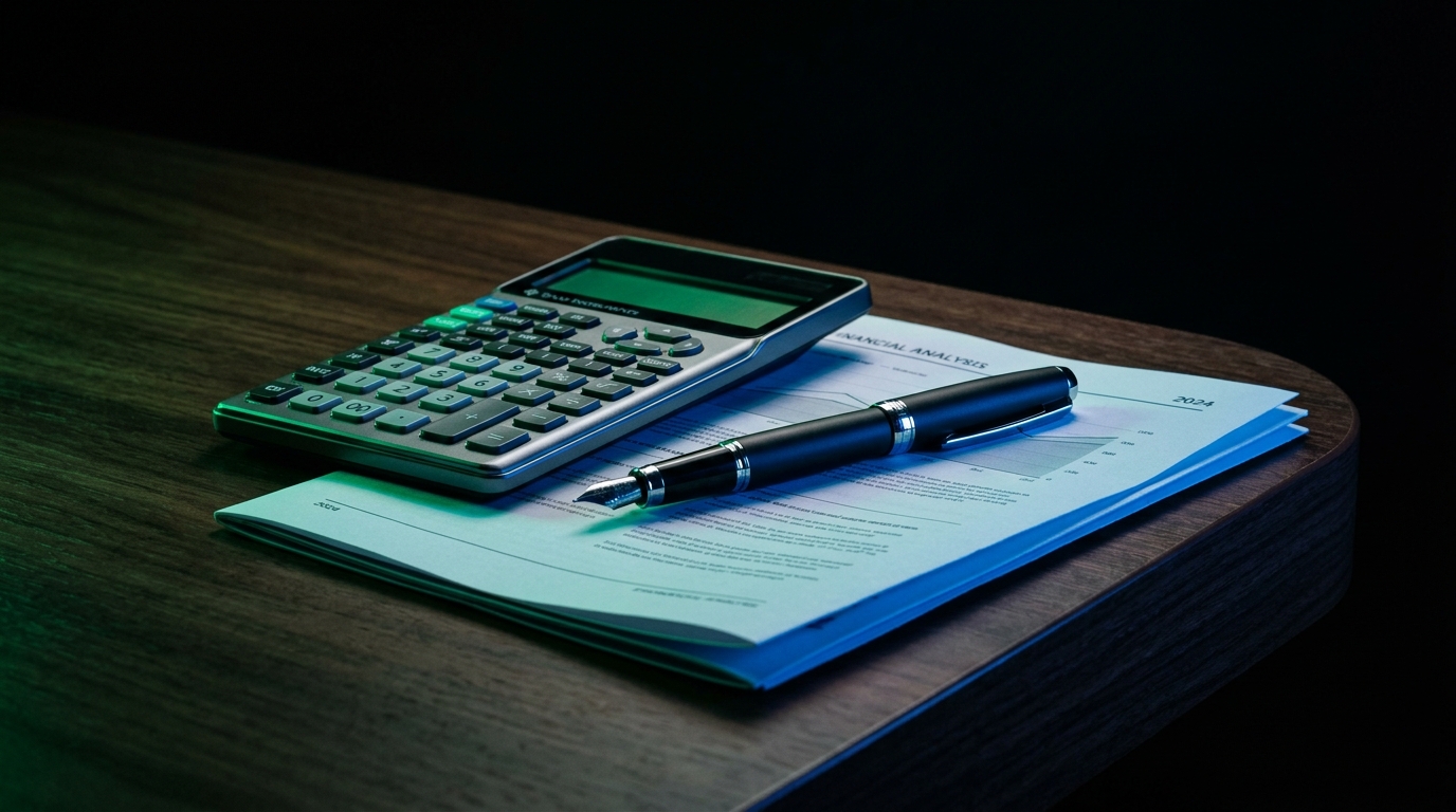 A calculator, a pen, and a folded financial document on a dark walnut desk lit with emerald and blue accents